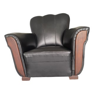 Art Deco Club Chair in Black Leather and Wood, France, 1920s-1940s For Sale