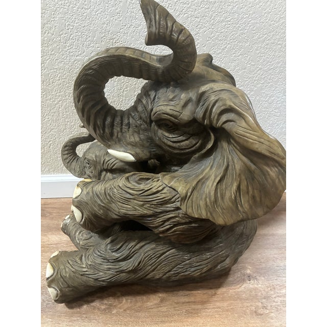 Vintage Resin Mother and Baby Elephant Statue With Trunks Raised For Sale - Image 13 of 16