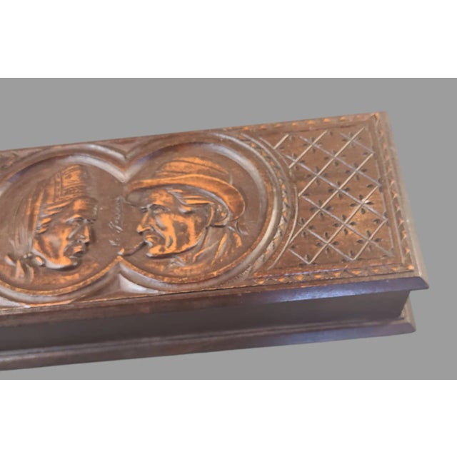 Early 20th Century Antique Hand Carved Figural Wood Glove Box Folk Art Primitive Signed For Sale - Image 6 of 10