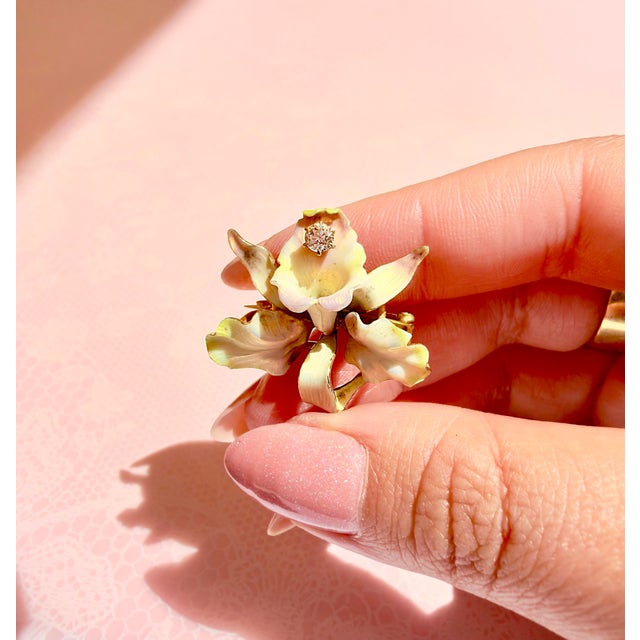 Late 19th Century Victorian 14k Iridescent Enamel Orchid Brooch For Sale - Image 10 of 10