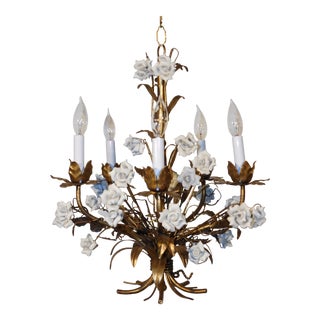 Antique Italian Gilt Tole White Porcelain Rose Chandelier For Sale