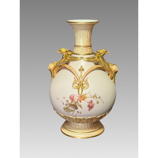 Late 19th Century Antique Royal Worcester Porcelain 1892 Mythic Gryphon Gilt Handled Vase With Fall / Autumn Foliage #1570 Aesthetic Movement For Sale - Image 5 of 12