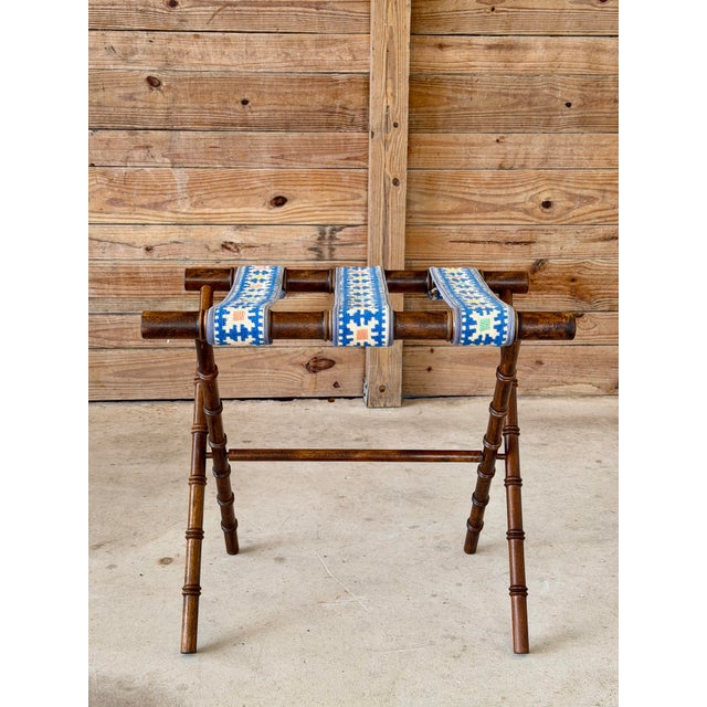 Mid-Century Modern Vintage Walnut Faux Bamboo Folding Luggage Rack With Needlepoint Straps For Sale - Image 3 of 11
