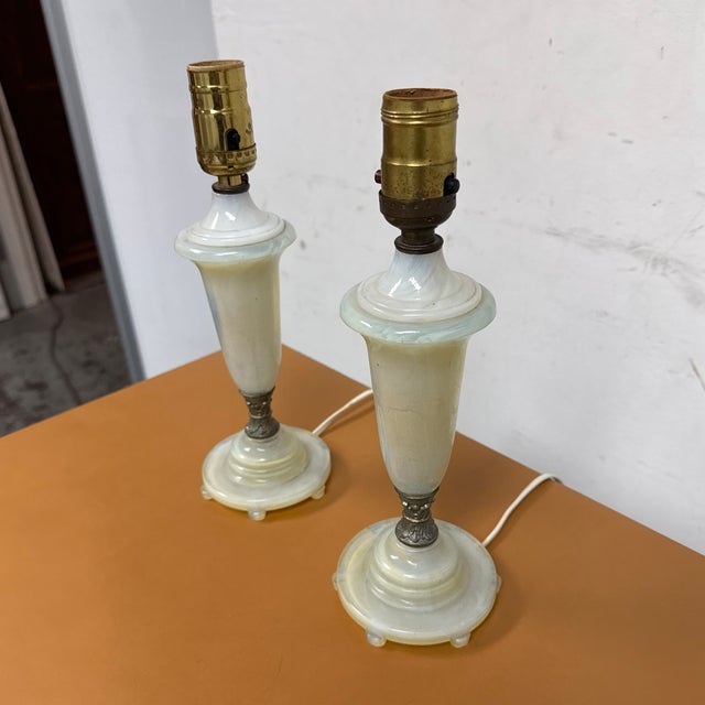 Traditional Vintage Opal Iridescent Glass Lamps, Pair For Sale - Image 3 of 12