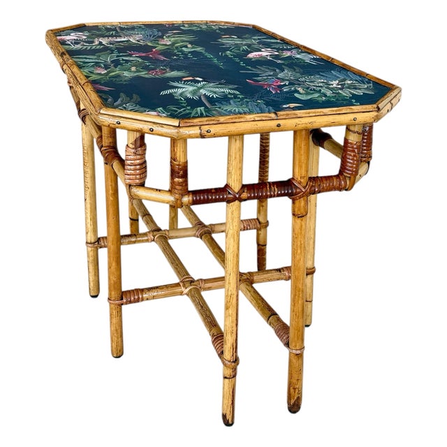 Mid-20th Century Sons-Cunningham Rattan Side Table With Tropical Wallpaper Top For Sale