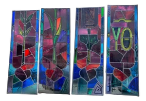 Vintage "Yo" & Door Art Deco Blue & Red Leaded Stained Glass Window 43x15 - 4 Pc