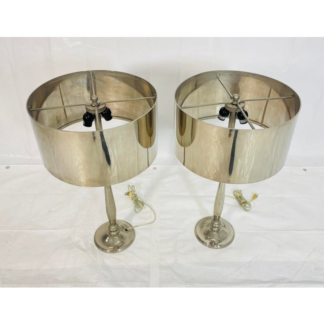 Pair of Nickel-Plated Modern Table Lamps With Matching Metal Shades For Sale - Image 4 of 14