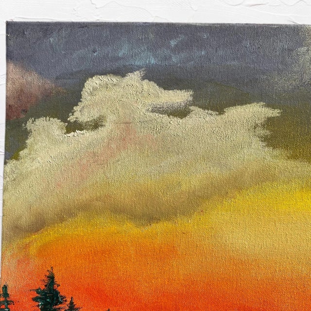 Realism Bob Ross Style Acrylic Sunset Painting Colorful Landscape For Sale - Image 3 of 7