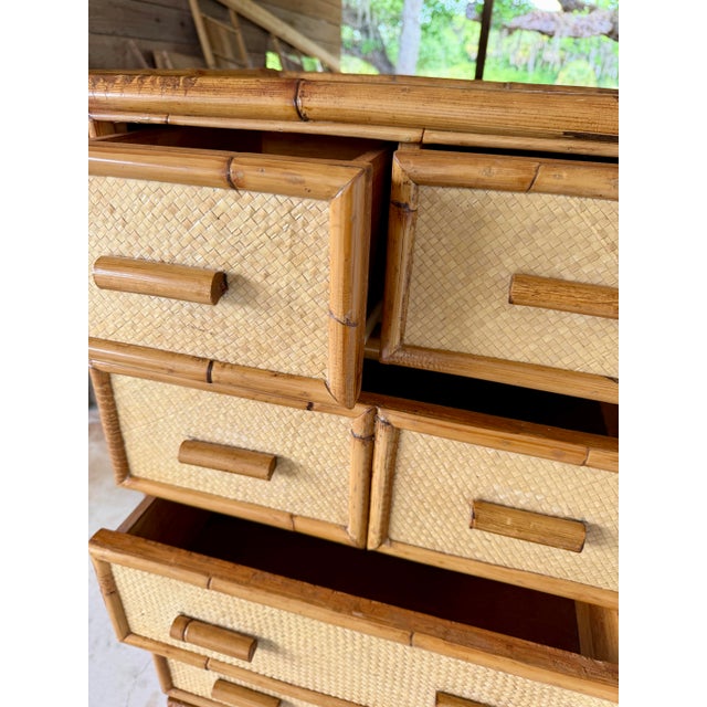 Wood Vintage Rising Sun Rattan & Woven Lingerie Chest – Seven Drawer Tall Chest For Sale - Image 7 of 12