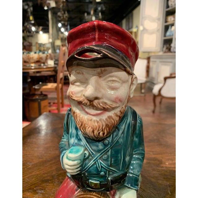 19th Century French Onnaing Hand-Painted Barbotine Soldier Pitcher For Sale - Image 4 of 13