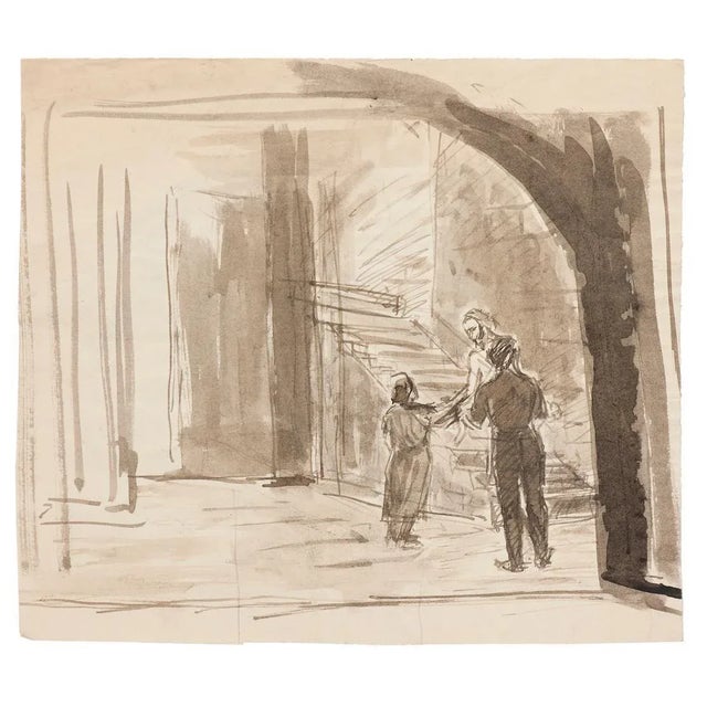 Raymond Cazanove, in the Crypt, Original Ink and Watercolor, Mid-20th Century For Sale - Image 3 of 3