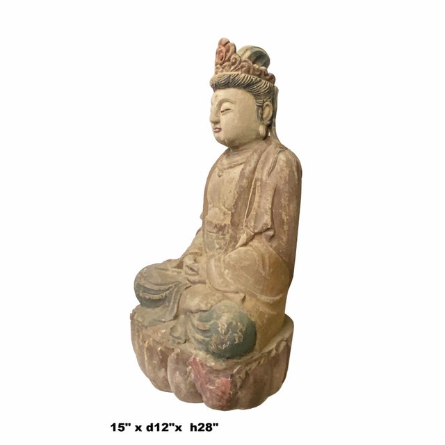 This is a Chinese rustic wooden Guan Yin Kwan Yin Bodhisattva cross leg Sitting Buddha statue. It is finished with a...