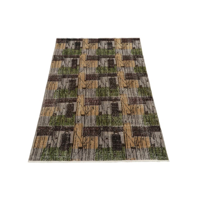 Art Deco 1960s Vintage Distressed Rug in Gray Brown and Green Deco Pattern by Rug & Kilim For Sale - Image 3 of 7