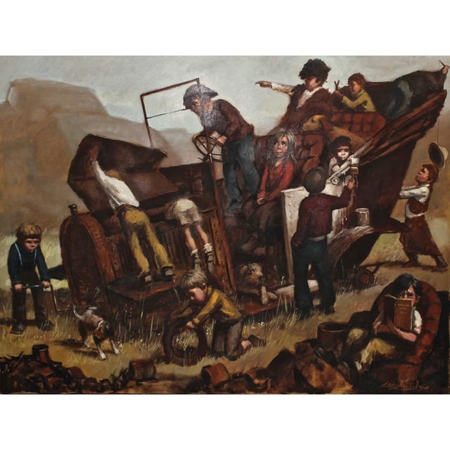1960s Barry Leighton Jones Original Oil on Canvas Signed Children Play on Old Car For Sale