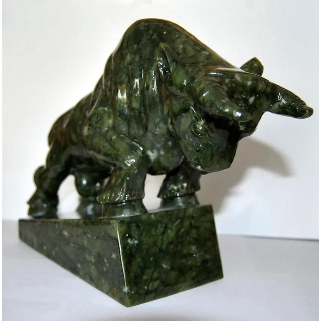 Art Deco Spinach Jade Charging Bull Oxen Statuette Figurine on Pedestal For Sale - Image 3 of 11