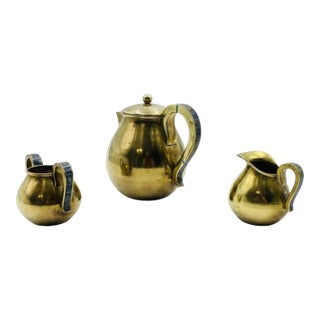 1950s Los Castillo Taxco Brass & Stone Inlaid Tea Set, Mexican Modernism - Set of 3 For Sale