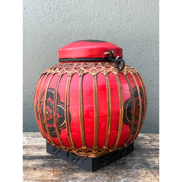 Wood Vintage Asian Rattan Wrapped Lidded Basket For Sale - Image 7 of 12