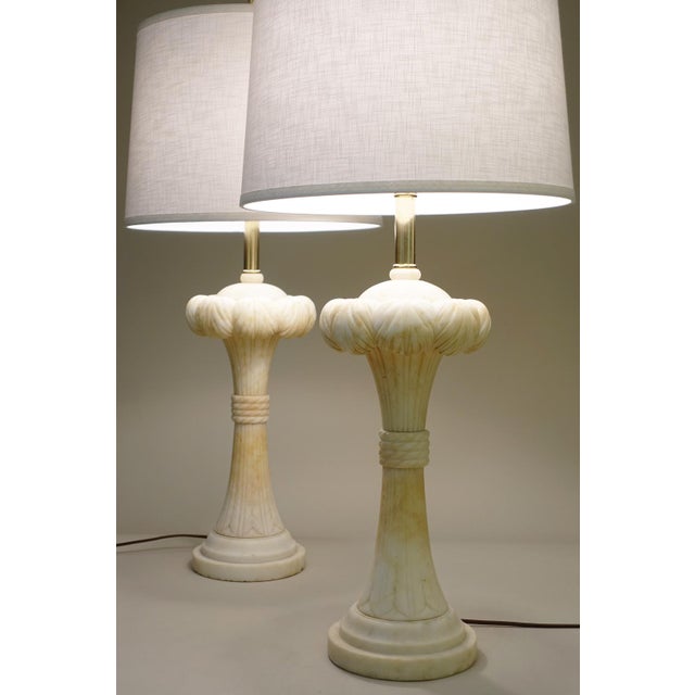 Hollywood Regency 1940s Dorothy Draper Hollywood Regency Modern Solid Marble Palm Column Table Lamps - a Pair For Sale - Image 3 of 11
