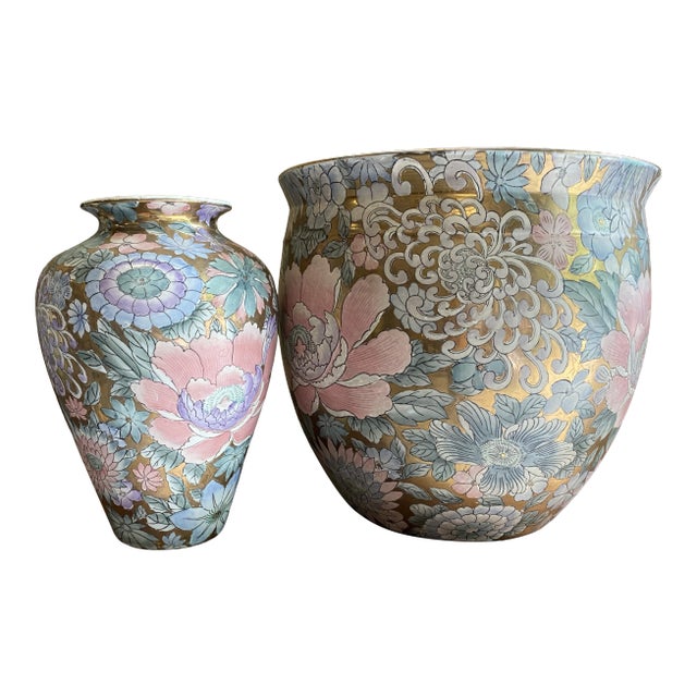 1970s Chinoiserie Pink & Teal Ceramic Vases- a Pair For Sale