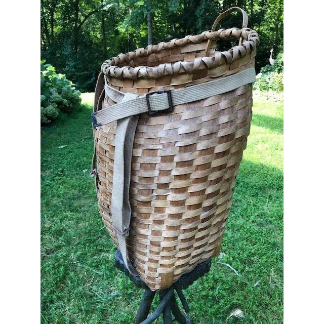 Tall Antique Creel or Fisherman's Woven Wicker Basket With Canvas