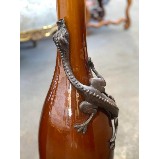 Figurative Pair of Late 20th Century Iron-Mounted Glazed Earthenware Vases For Sale - Image 3 of 5