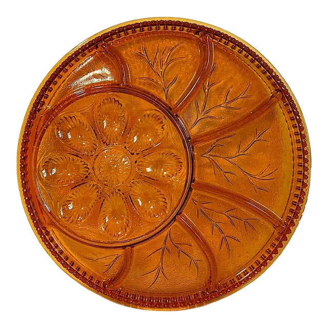 Vintage Mid Century Amber Glass Deviled Egg Relish Dish Platter - Tree & Shell Motif For Sale