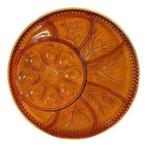 Vintage Mid Century Amber Glass Deviled Egg Relish Dish Platter - Tree & Shell Motif