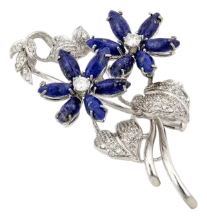 Diamond & Lapis 18k White Gold Floral Brooch