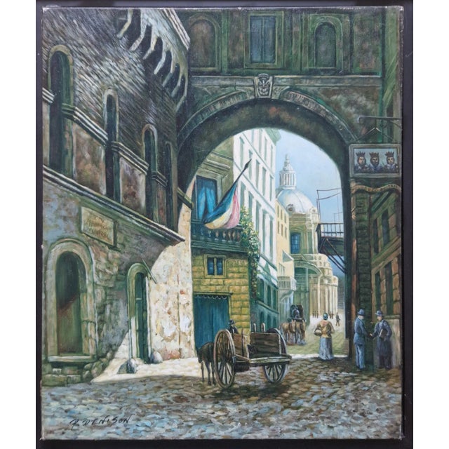 Realism Mid-20th Century Signed P. Denison - European Street Scene With Archway, Oil on Canvas For Sale - Image 3 of 5