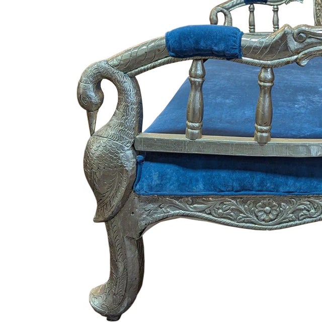 Far Pavilions 1970s Indian Ornate Silver Metal Clad Blue Velvet Maharaja Bench For Sale - Image 4 of 8