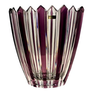 Vintage Caesar Crystal Bohemiae Purple & Clear Hand Cut Vase For Sale
