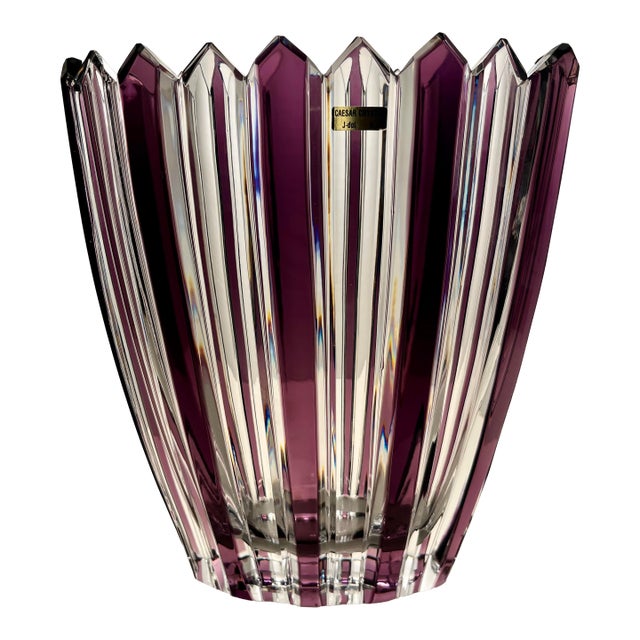 Vintage Caesar Crystal Bohemiae Purple & Clear Hand Cut Vase For Sale
