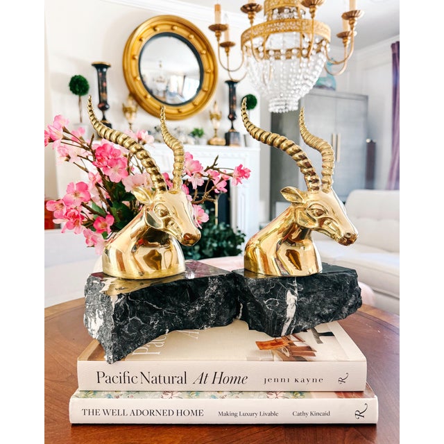 1970s Hollywood Regency Brass Gazelle / Antelope Head Bookends on Raw Edge Marble Bases - A Pair For Sale - Image 12 of 12