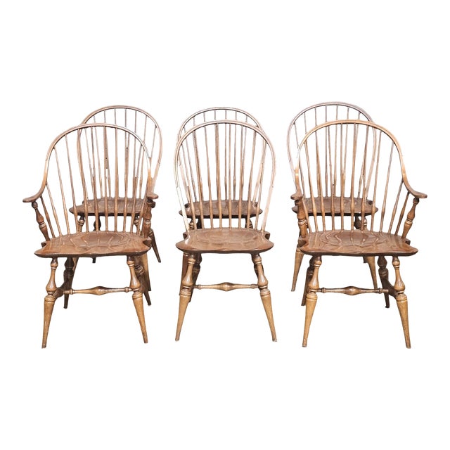 Mid 20th Century Set of 6 e.r. Buck Solid Maple Bow Back Side Windsor Chairs Made Massachussett For Sale