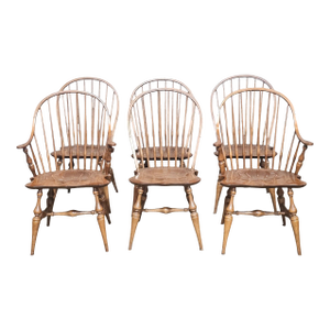 Mid 20th Century Set of 6 e.r. Buck Solid Maple Bow Back Side Windsor Chairs Made Massachussett