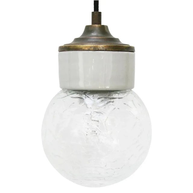 White White Porcelain Clear Glass Vintage Industrial Brass Pendant Lights For Sale - Image 8 of 8