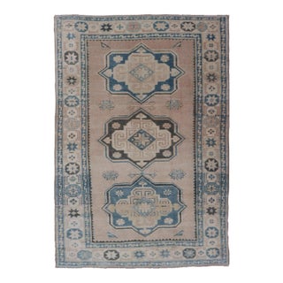 Vintage Turkish Oushak Rug With Soft Beige and Blue Medallion Patterns 4'9 X 7'6 For Sale