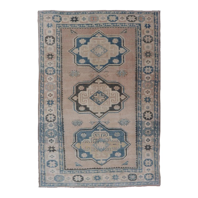 Vintage Turkish Oushak Rug With Soft Beige and Blue Medallion Patterns 4'9 X 7'6 For Sale