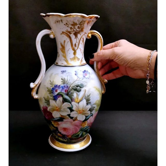 Porcelain De Paris Napoleon III French Hand Painted Vases - a Pair For Sale - Image 11 of 12