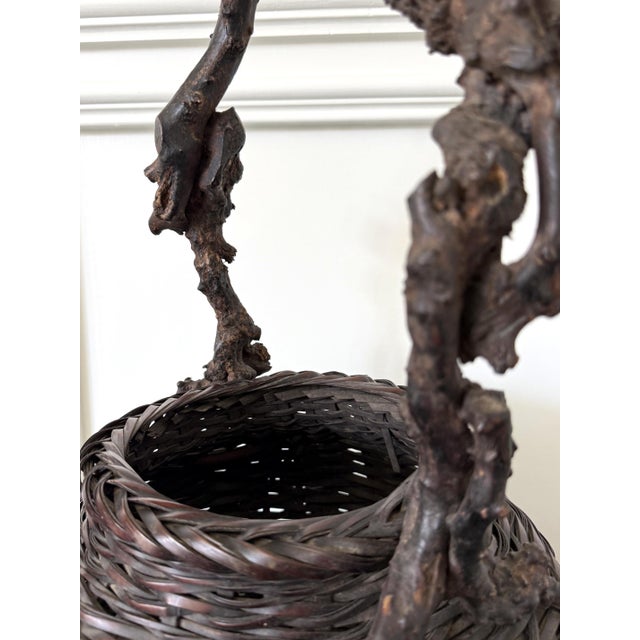 Black Large Antique Japanese Smoke Bamboo Basket Wisteria Root Handle Meiji Period For Sale - Image 8 of 16