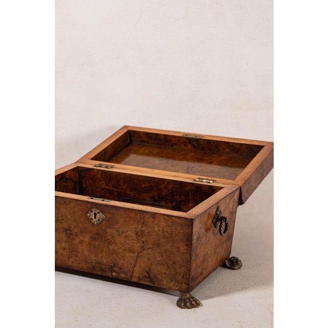 Wood Antique Burl Walnut Tea Caddy With Claw Feet For Sale - Image 7 of 9