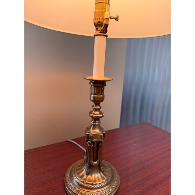 Neoclassical Solid Brass Table Lamp With Ivory Parchment Shade For Sale In New York - Image 6 of 8