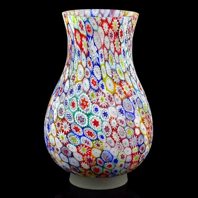Beautiful, and large, vintage Murano hand blown rainbow colors millefiori flower mosaic Italian art glass satin foot vase....
