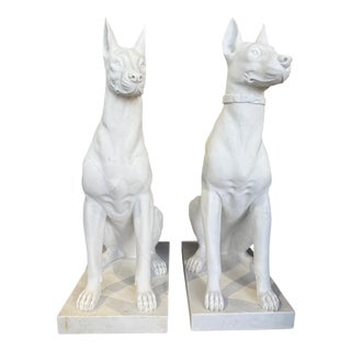 Monumental Hand-Carved White Marble Doberman Statues, Set of 2 For Sale