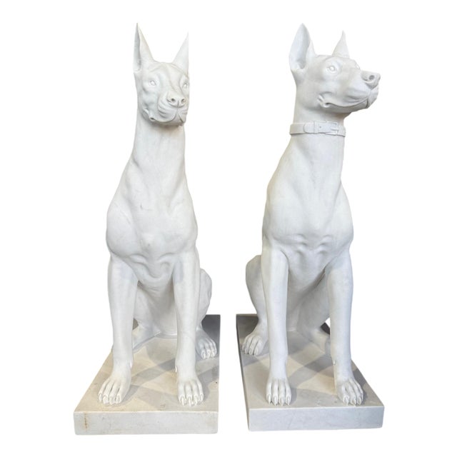 Monumental Hand-Carved White Marble Doberman Statues, Set of 2 For Sale