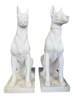 Monumental Hand-Carved White Marble Doberman Statues, Set of 2