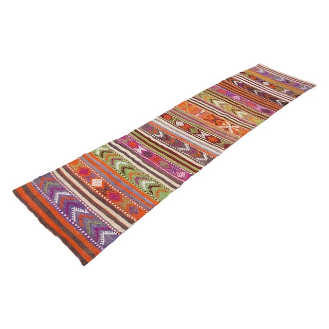 Boho Chic Colorful Embroidered Vintage Kilim Runner For Sale - Image 3 of 7
