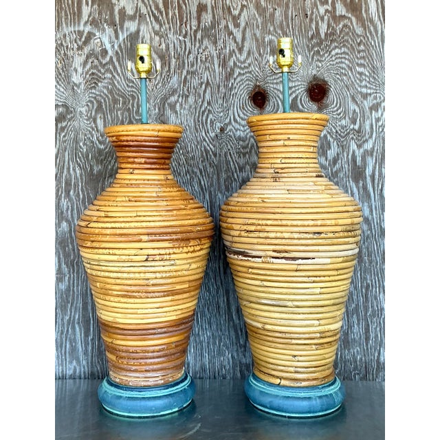 Vintage Costal Coiled Pencil Reed Lamps - A Pair For Sale - Image 10 of 11