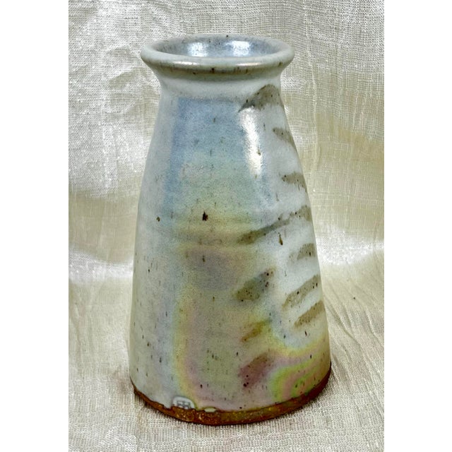 Ceramic Signed Fp Studio Pottery Vase Iridescent Glaze Carved 7” For Sale - Image 7 of 12