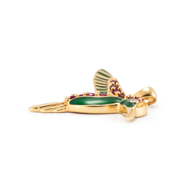 Late 20th Century Vintage 14k Yellow Gold Diamond Ruby Green Enamel Hummingbird Drop Pendant For Sale - Image 5 of 8